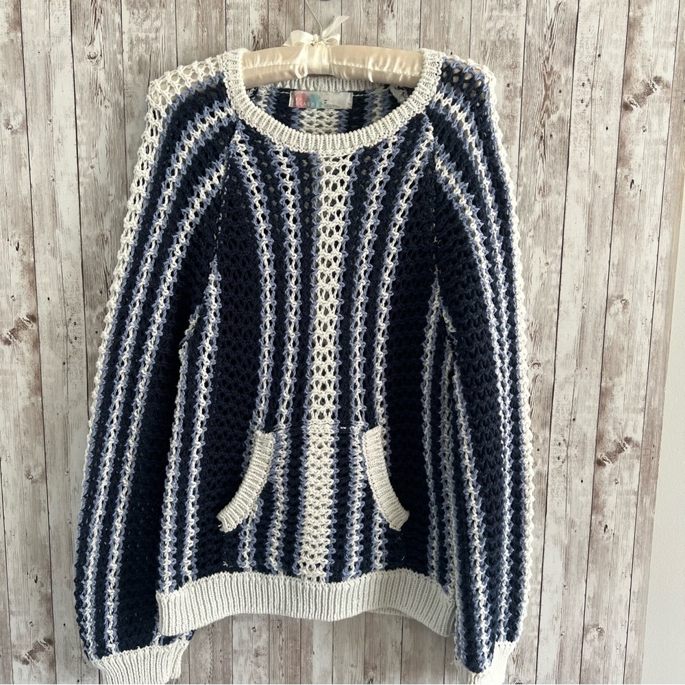 Free People Beach Dayton Navy Blue Knit Crochet Striped Sweater Crewneck Medium